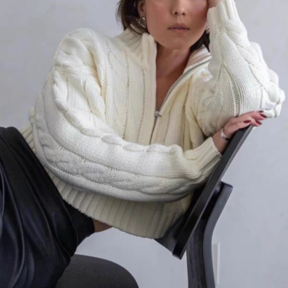 STAUD Sweaters - STAUD Cropped Hampton Sweater Knit Top - Ivory Zip Up Causal